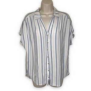 Lush Blue Stripe Linen Blend Cap Sleeve Button Front Blouse Women Size Medium